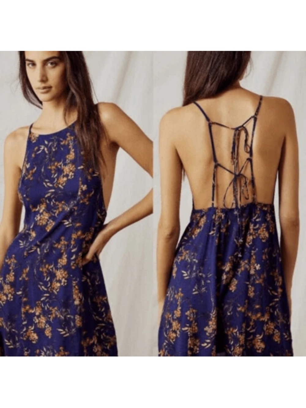 Free People Intimately Navy Floral Open Back Tie Strap Mini Dress